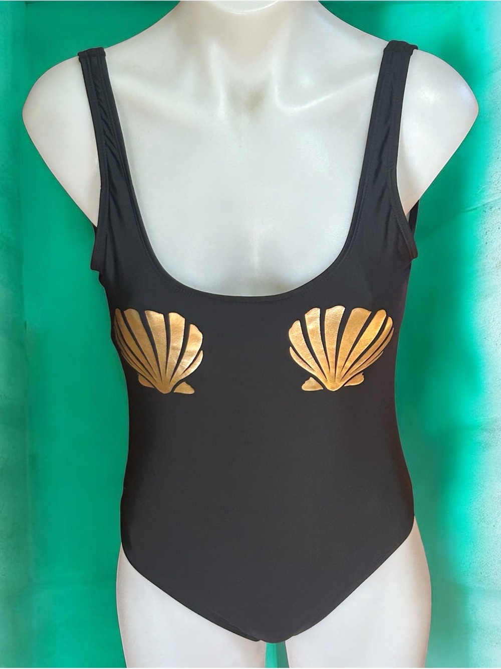 Arizona Jean Company Black One-Piece Swimsuit with Gold Shell Accents Medium New